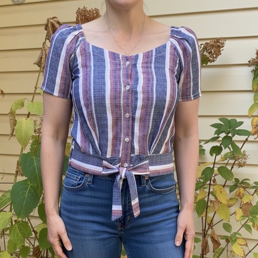 NWT Drew linen, maroon/blue/white striped blouse, short sleeves, waist ties, S